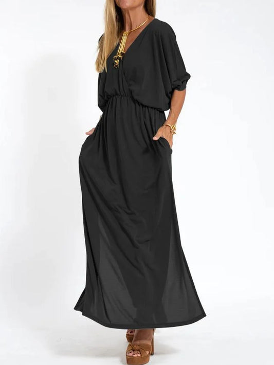 Women's Casual Solid Color V-Neck Slit Dress 